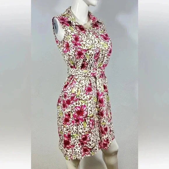 White Stag Button Front Sleeveless Leopard Floral Shirt Dress Ladies 8 Belted - Picture 2 of 8